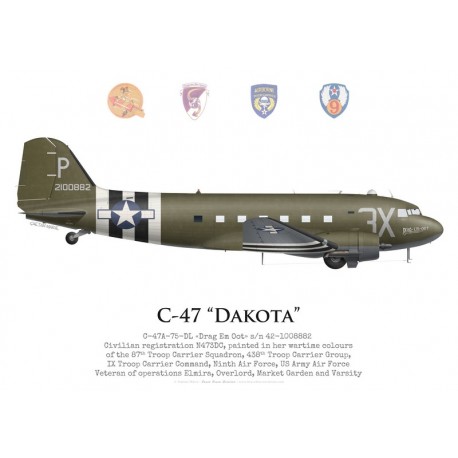 C-47A Dakota, "Drag Em Oot", vétéran du 87th Troop Carrier Squadron, 438th Troop Carrier Group, USAAF